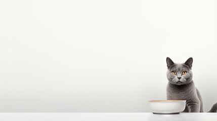 A gray cat peeps from a corner observing a food bowl on a white background Concept of animal emotions