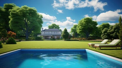 Swimming pool on grass near the house