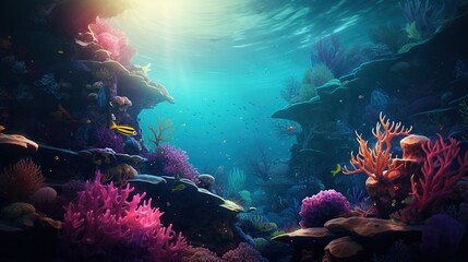 Fototapeta na wymiar Marine aquarium coral, vibrant sea flowers, and reef colors in the depth of the ocean environment