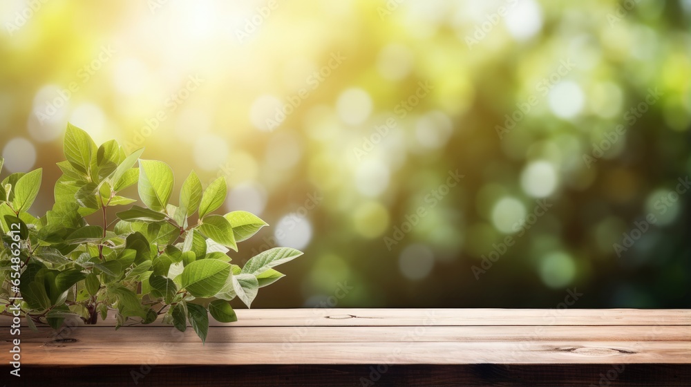 Aufkleber spring background with fresh foliage wooden table and natural sunlight creating a beautiful outdoor 