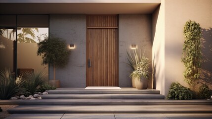 Modern home entrance with front door visualized in 3D rendering - obrazy, fototapety, plakaty