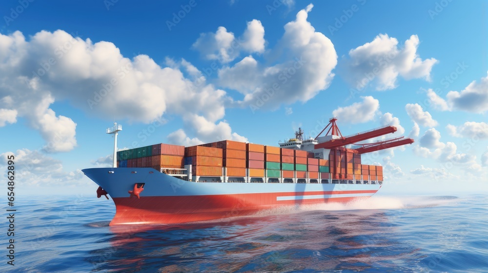 Poster aerial view of a smart cargo ship transporting containers from a depot to the ocean depicting the co
