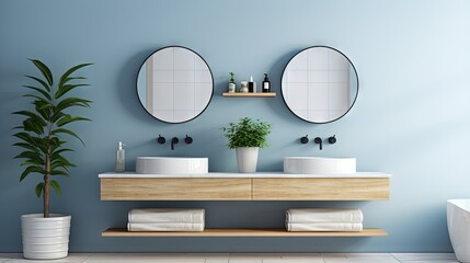 3D rendering of a white and blue bathroom with double sink wooden shelf plant and round mirrors