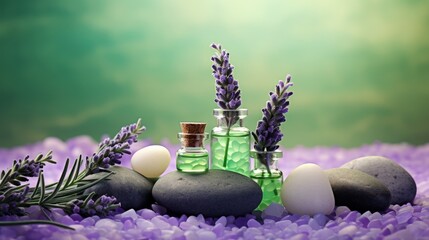Obraz na płótnie Canvas Essential oil bottles and lavender flowers with green background
