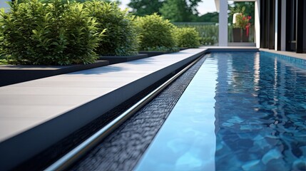 Modern black gutter placed next to swimming pool for drainage overflow and pool edge - obrazy, fototapety, plakaty