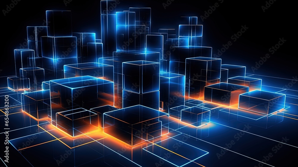 Poster cyber city in virtual reality with neon abstract cubic shapes illuminated in laser show isolated on 