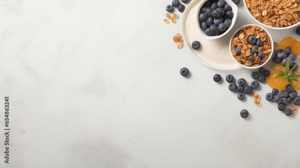 Poster healthy food concept breakfast yogurt bowl with granola blueberries and maple syrup on gray backgrou