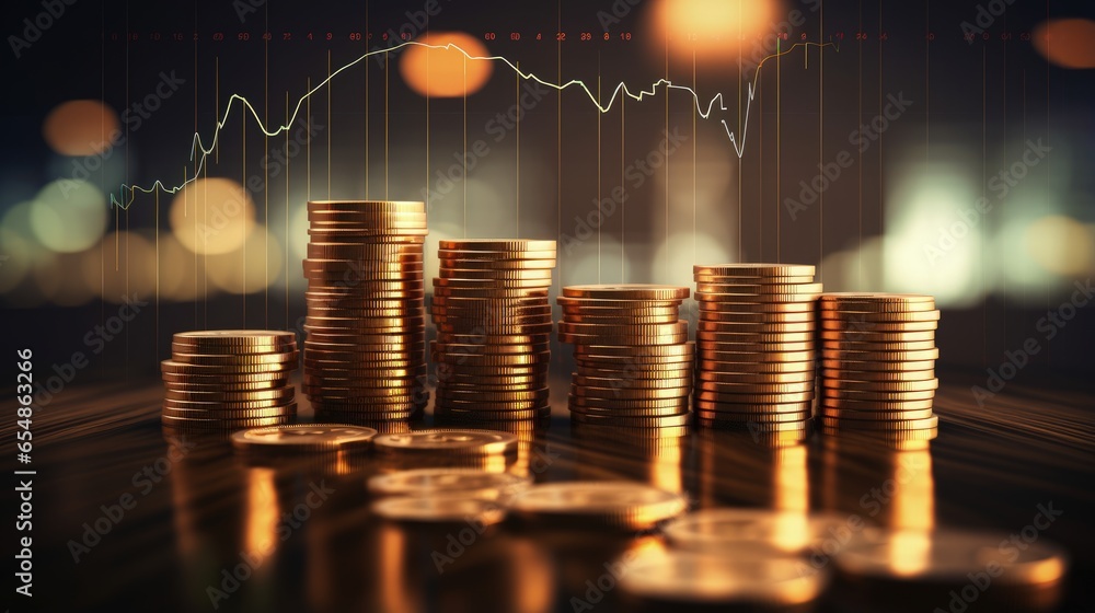 Poster Coin stacks on financial graph background with double exposure image