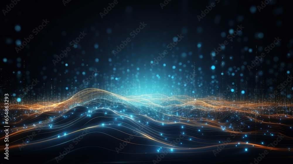 Leinwandbilder AI technology and 3D illustrated music waves are utilized for digital communication and scientific research in the flow of big data through blockchain data fields connected via network lines