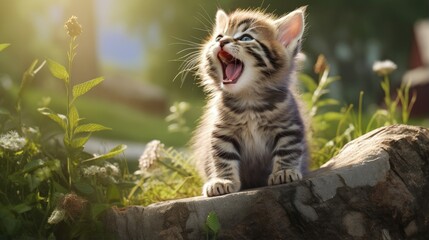 Fototapeta premium Cute outdoor tabby kitty meows