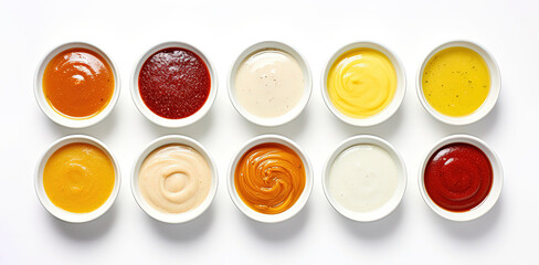 Various sauces in bowls isolated on white background