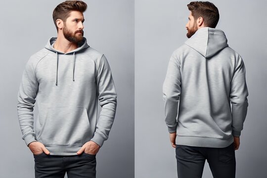 Young man wearing long sleeve hoodie sweatshirt Side view, back and front view mockup template for print t-shirt design mockup