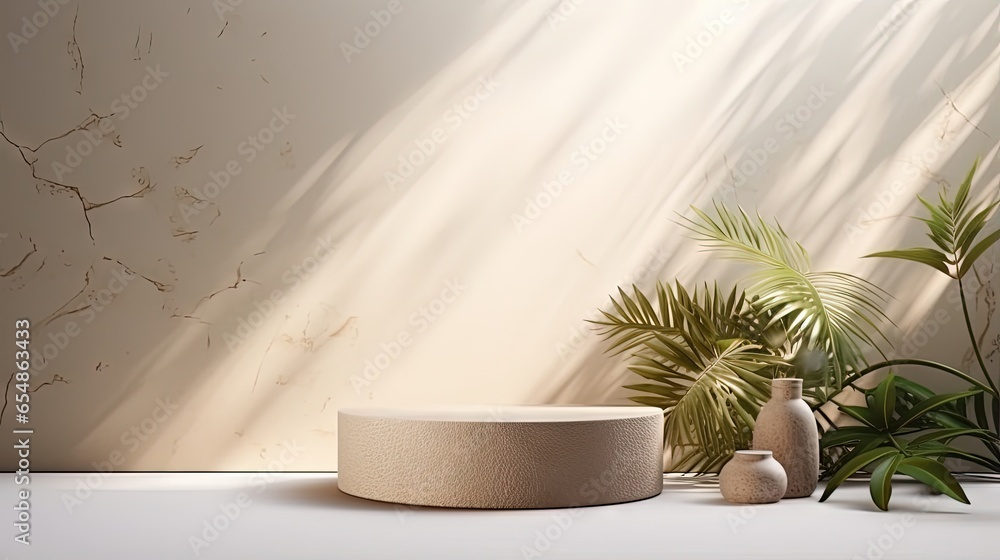 Poster neutral colored surface with curved counter textured podium soft sunlight and shadow rock for cosmet