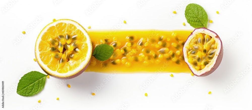 Poster top view of a passion fruit slice on a white background with copyspace for text