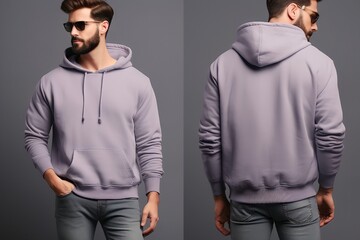 Young man wearing long sleeve hoodie sweatshirt Side view, back and front view mockup template for print t-shirt design mockup - obrazy, fototapety, plakaty