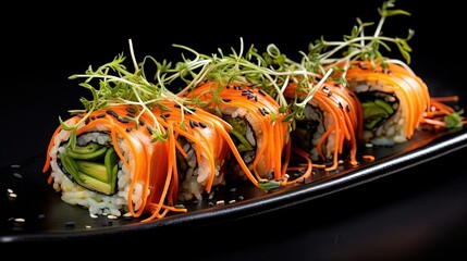 Raw vegan sushi with sprouted seeds and shredded carrots