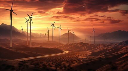 Desert wind power plants during dusk - obrazy, fototapety, plakaty