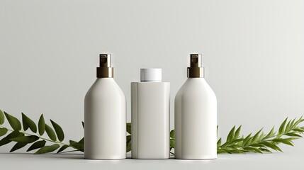 Green herbal leaves adorn cosmetic bottle containers with blank labels representing a natural beauty product concept Color Processed