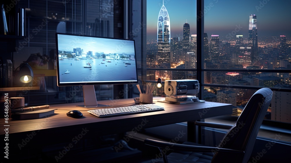 Poster cozy home office with up to date computer