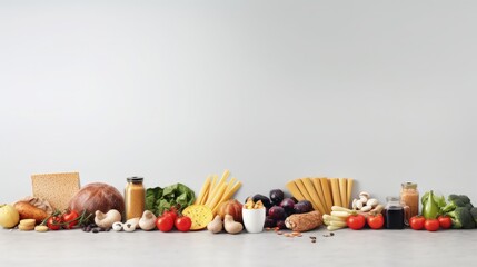 Healthy food concept with best sources of carbs on light gray background offering copy space and a panorama view - obrazy, fototapety, plakaty