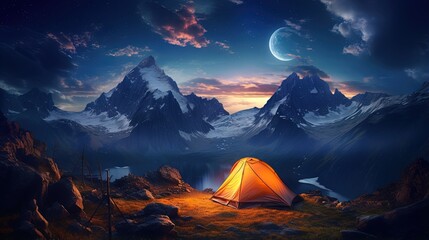 Camping under starlit mountain sky inside a lit tent - obrazy, fototapety, plakaty