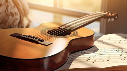 Vintage guitar on wooden table with sheet music on a sunny day - obrazy, fototapety, plakaty