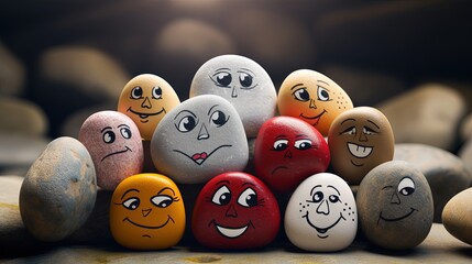 Emotions represented by painted face stones unite us teaching us to manage our differences