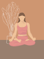 Woman sitting in lotus pose and practice Yoga. Woman meditating in home. Illustration for relaxation, healthy lifestyle. Vector flat Illustration