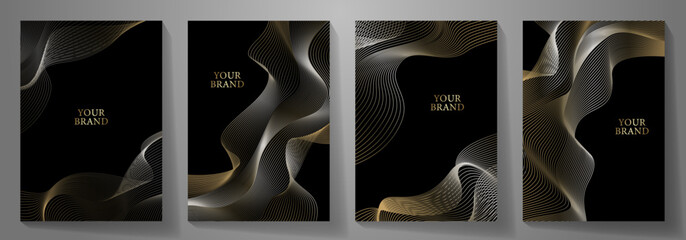 Elegant cover design set. Luxury black vector background collection with gold lines for cover design, invitation, poster, flyer, wedding card, luxe invite, business banner, prestigious voucher, menu.