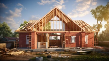 Fototapeta premium Construction site for a brick single family house with a wood roof