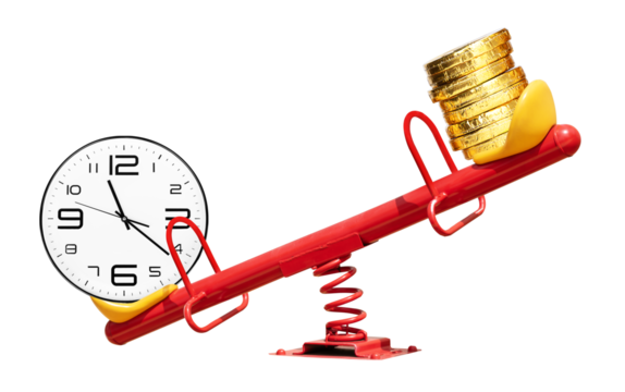 White clock and gold coin on red seesaw