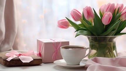 Fototapeta na wymiar World Women s Day breakfast with a pink bow coffee in a double glass cup and a March 8 calendar