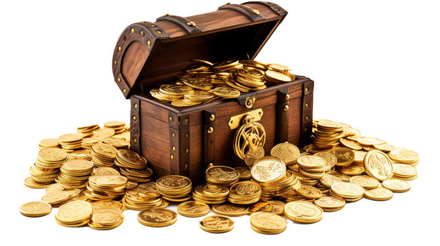 Treasure Chest Full of Glittering Gold Coins, A Symbol of Wealth and Prosperity, Isolated on a Crystal-Clear Transparent Background
