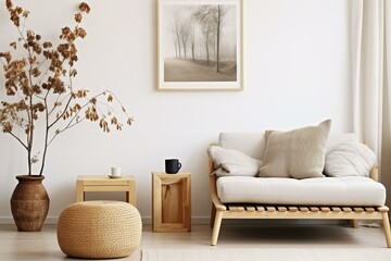 Interior of a modern Scandinavian living room with a minimalist design, showcasing a poster frame, wooden stool, teapot, rattan pouf, plaid, and stylish accents. Concept in beige. Generative AI