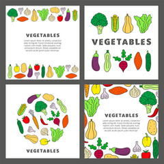 Set of cards with doodle colored vegetables.