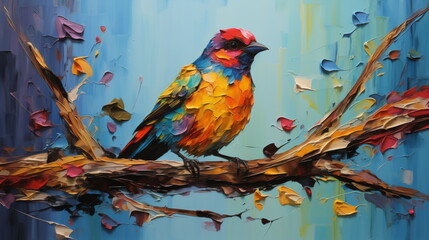 Birds on Branch, Multilayered Realism with Vibrant Palette Knife. Evoking Colorful Abstract Paintings, Hyper-Realistic Animal Illustrations, and Colorful Woodcarvings. Adorned with Thick Paint Layers 
