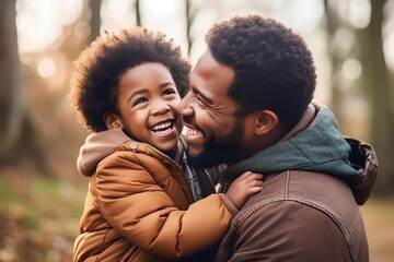 Fototapeta premium African American father playing and hugging his son in the park.