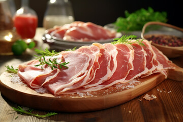 Slices of prosciutto on a cutting board. Italian prosciutto crudo or spanish jamon. Raw ham on wooden background. Generative AI - obrazy, fototapety, plakaty