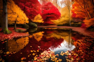 A serene lake reflecting vibrant autumn foliage in a tranquil forest.