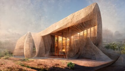 exterior perspective view of a rammed earth architecture pavillion that is parametric and organic in forms concept art highly detailed beautiful scenery cinematic beautiful light hyperreal octane  - obrazy, fototapety, plakaty