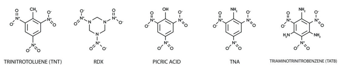 A set of some chemical compounds with structures. Organic compounds with their symbols and names.