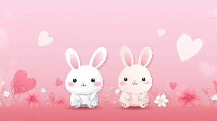 Obraz na płótnie Canvas Two cute rabbits, flowers and hearts on a pink gradient background, pastel colors, illustration, holiday banner. Copy space.