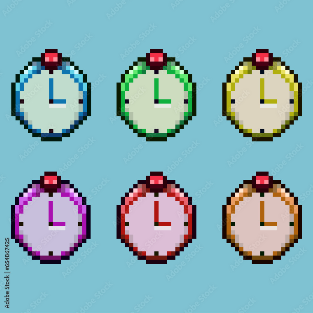 Fototapete pixel art sets of clock with variation color item asset. simple bits of rounded clock on pixelated s