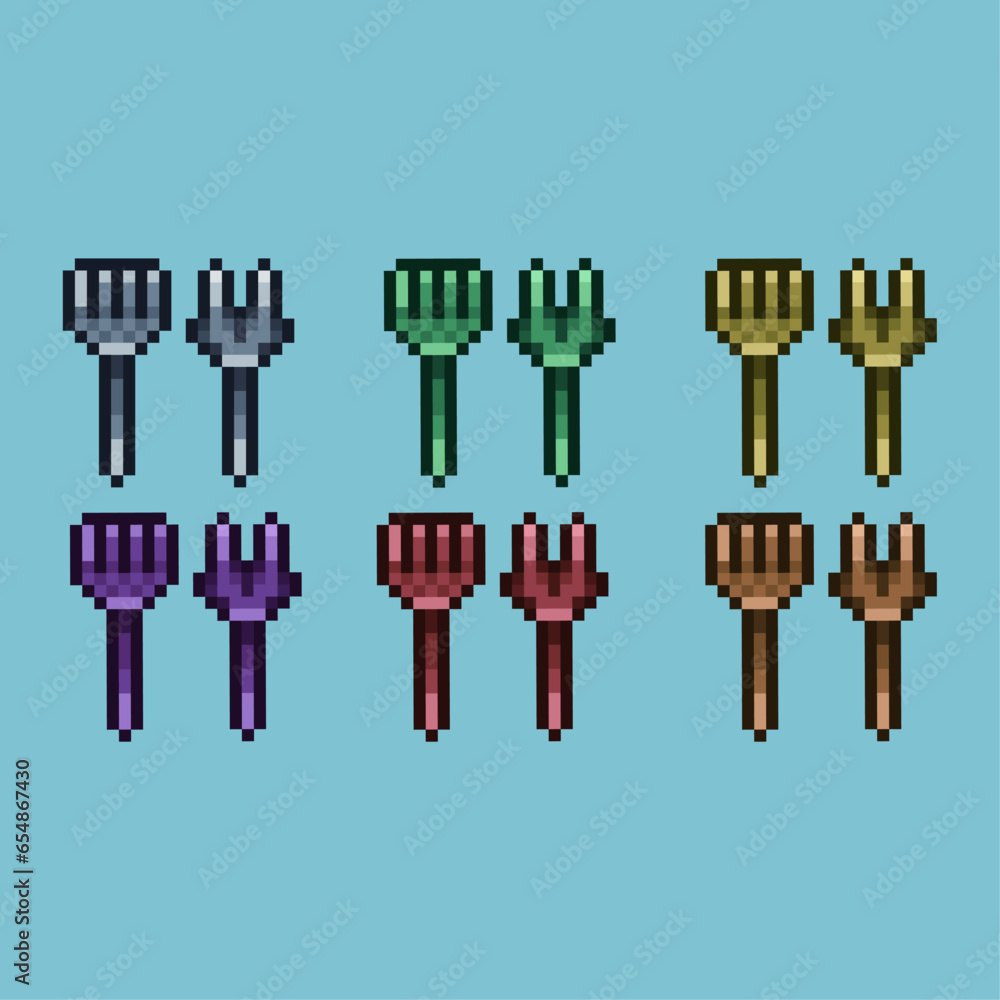 Poster pixel art sets of spoon and fork with variation color item asset. simple bits of kitchen tools on pi