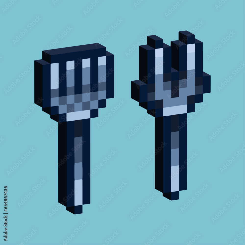 Poster isometric pixel art 3d of spoon and fork kitchen tools for items asset.kitchen tools spoon fork on p