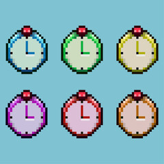 Pixel art sets of clock with variation color item asset. Simple bits of rounded clock on pixelated style. 8bits perfect for game asset or design asset element for your game design asset