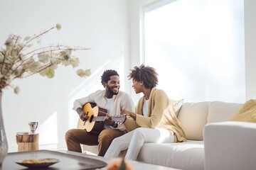young african american couple playing guitar at home white modern home - obrazy, fototapety, plakaty