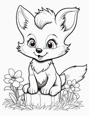 Cute kawaii animal coloring page for kids with nature, Vintage forest, insects. animals cartoon, Black and white vector illustration,