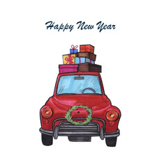 Red car with gifts on the roof, Christmas car, isolated marker drawing on a white background