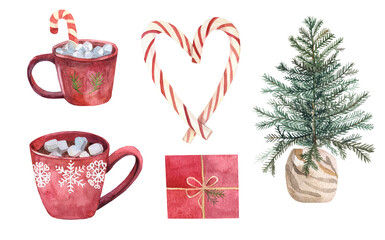 Watercolor festive winter drinks in red mugs with decor, cocoa with marshmallows, hot drink, New Year's composition